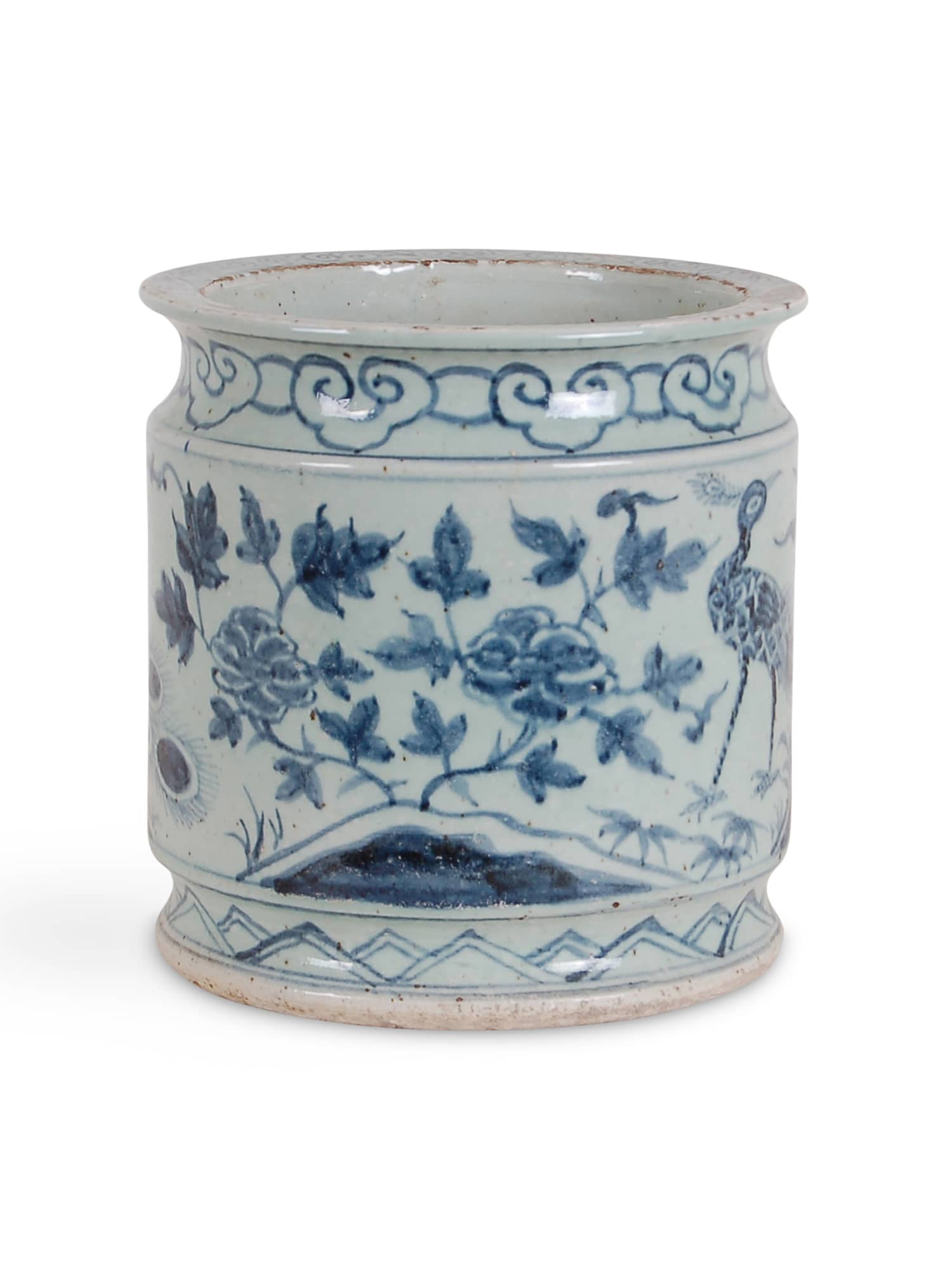 10″ Foot-stomped Blue and White Peacock Cachepot