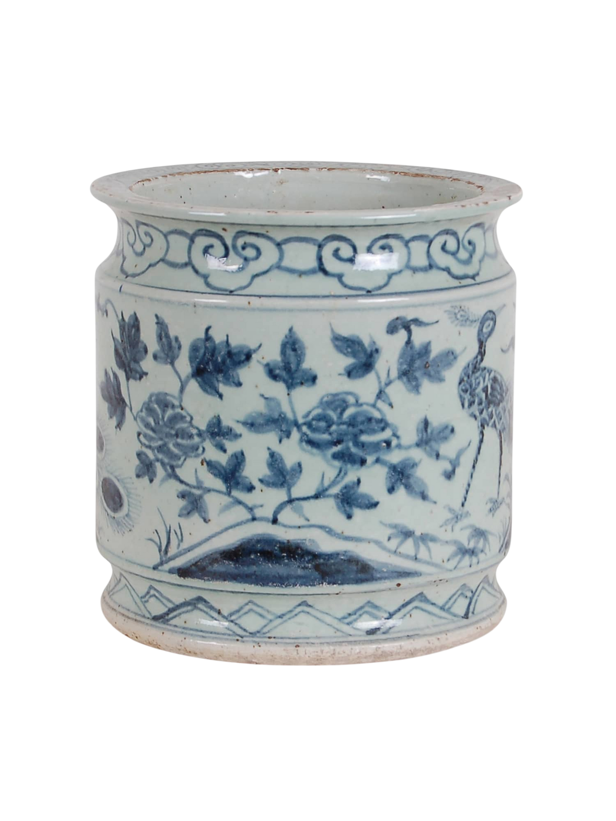 10″ Foot-stomped Blue and White Peacock Cachepot