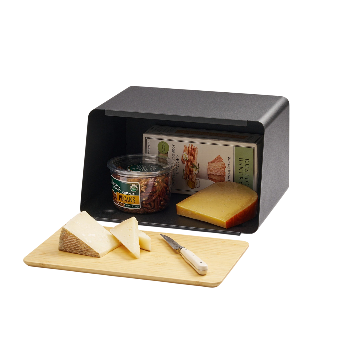 Bread Box with Cutting Board Lid - Steel + Wood