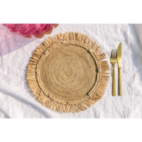 Round natural raffia tabletop with fringes, Woven raffia Placemat