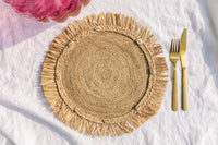 Round natural raffia tabletop with fringes, Woven raffia Placemat