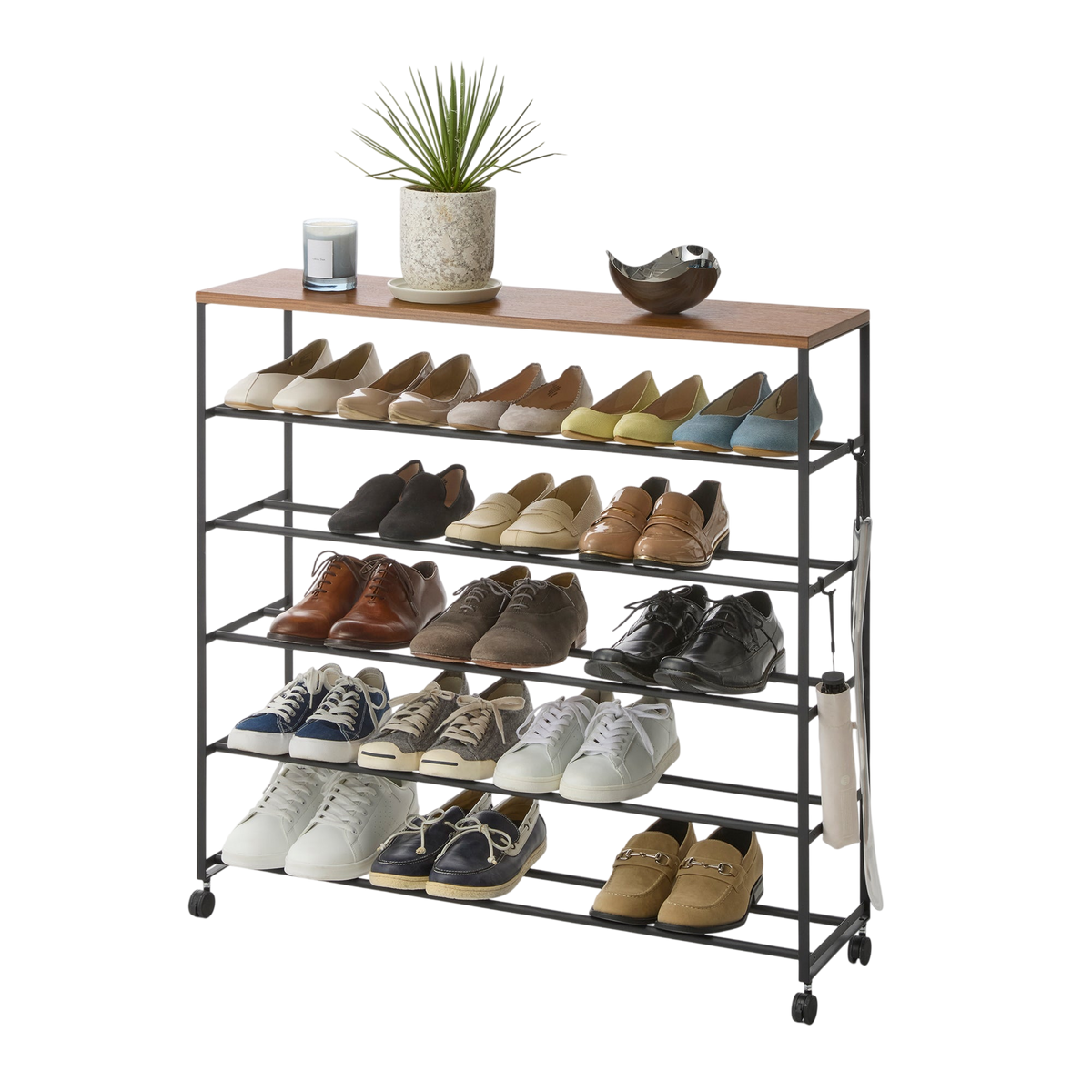 Rolling Five-Tier Shoe Rack (34.25" H)  - Steel + Wood